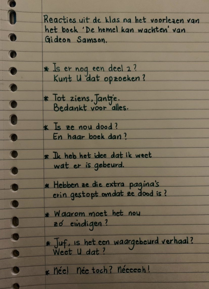 1974marjolein's tweet photo. In mijn klas las ik dit prachtige boek van #GideonSamson voor. Het is zielig, hilárisch, herkenbaar, levensecht &amp; meerdere verhaallijnen raken elkaar. Mijn leerlingen baalden echt dat het uit is.
Hun reacties noteerde ik snel en schreef ik net even over. 🙏
#boekperweek 
144/52 https://t.co/MWFmwpTmaM