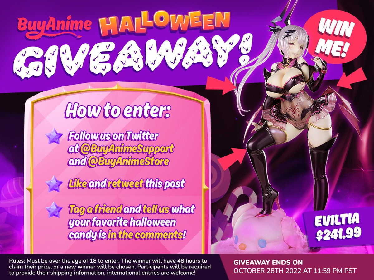 BuyAnimeStore's tweet photo. 🎉🦇Eviltia 1/7 Scale Figure Giveaway🦇🎉
it is time for our very first giveaway! ONE winner will be randomly drawn to receive this lovely 1/7 scale Eviltia figure, rules for entering are below ⬇️

Giveaway ends on October 28th at 11:59 PM PST! https://t.co/yG5nSndr4s