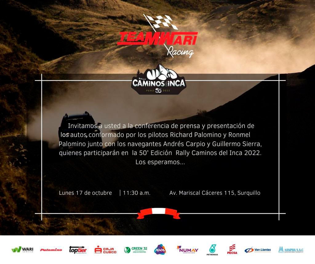 teamwari's tweet photo. Este lunes 17 de octubre a las 11:30 am estaremos presentando ha nuestro equipo para la 50 edición del Rally #CaminosdelInca 
#cdi2022 https://t.co/tEj3AgGpjA