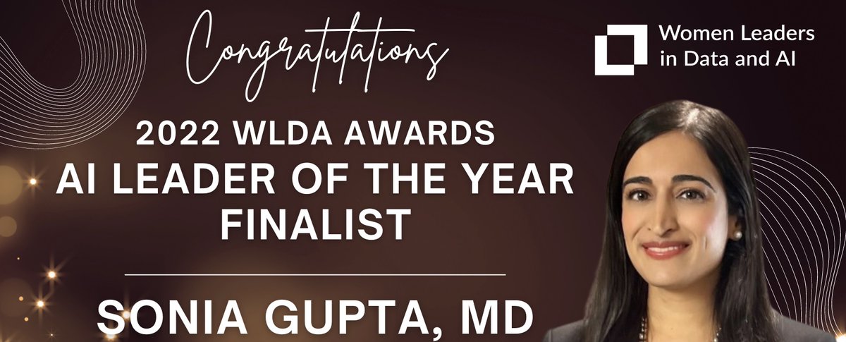 Congratulations to RP's @SoniaGuptaMD on being named a @wlda_tech AI Leader of the Year Finalist! This honor is awarded to a woman who has successfully revolutionized the #AI field & demonstrated themselves as a true leader in the field. wlda.tech