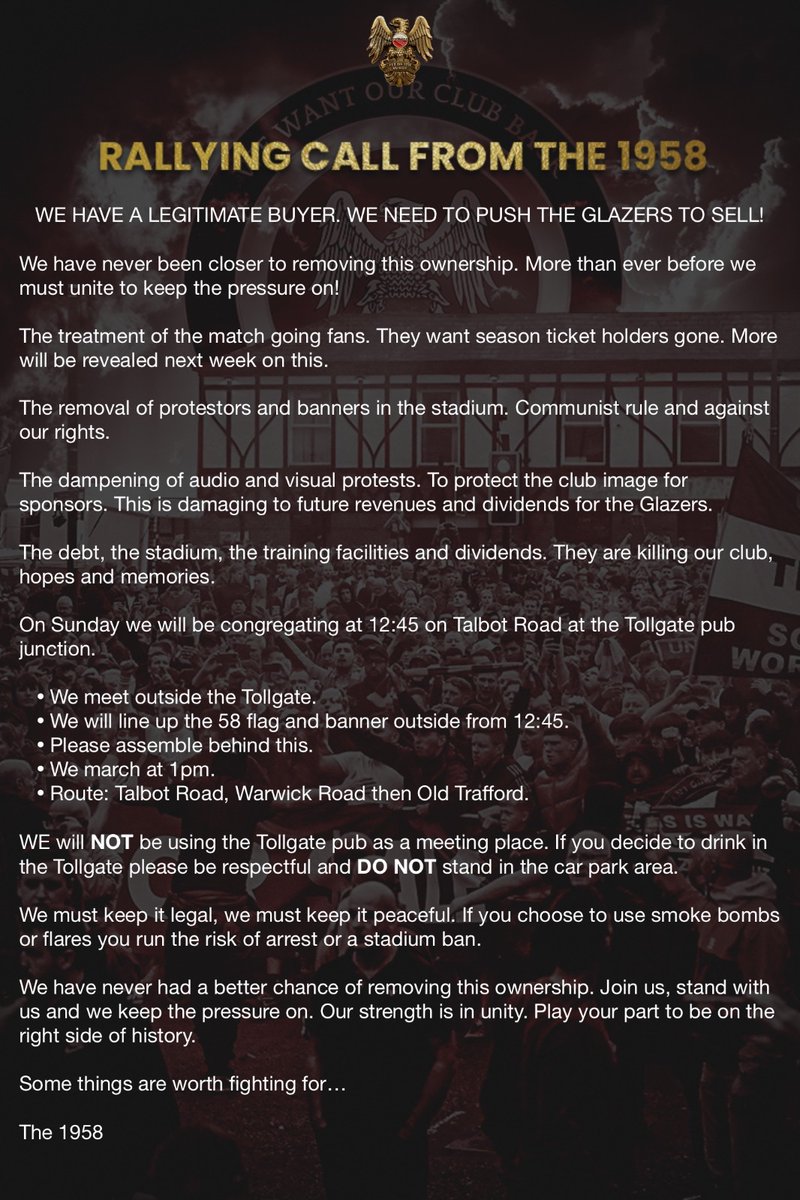 The__1958's tweet photo. PROTEST UPDATE FOR NEWCASTLE

Sunday we march at 1pm.

Turn up. Be loud. Be United! 

The protests are working. The current actions from the club prove we are having an impact. 

We do not stop! 

Share, retweet and see you Sunday Reds!

Keep believing🇾🇪 https://t.co/vtrSq6i0Ze