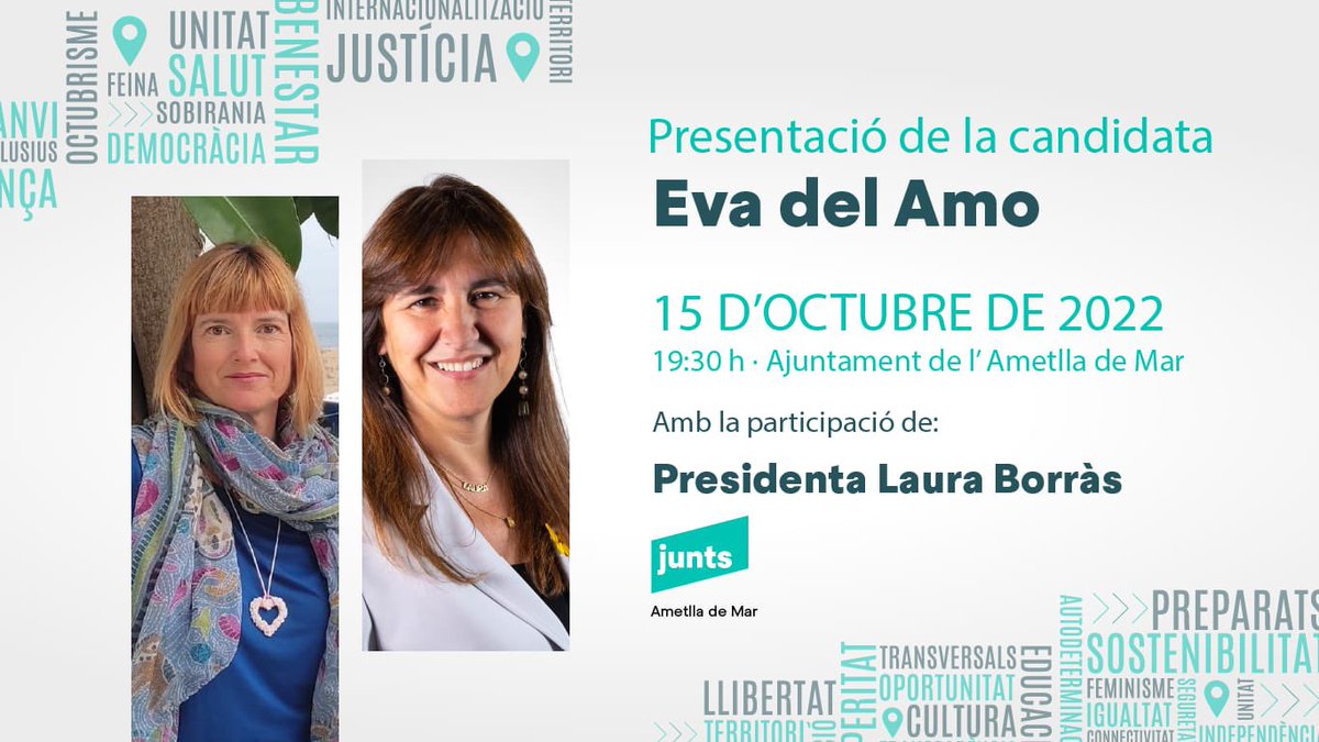 ✅ Acte:

🙋🏻‍♀️Presentació de la candidata a l’alcaldia per <a href="/juntsxlacala/">Junts per l'Ametlla de Mar</a>, <a href="/delamogalarzo/">Eva del Amo</a>.
🗣️ També hi intervindrà la Presidenta de <a href="/JuntsXCat/">Junts per Catalunya🎗</a>, <a href="/LauraBorras/">Laura Borràs 🎗</a>.

🗓️ Dissabte 15 Octubre
🕢 A les 19:30h
📍Ajuntament de l’Ametlla de Mar

JUNTS, CANVIEM EL RUMB!

#MunicipalsJunts
#JuntsKm0