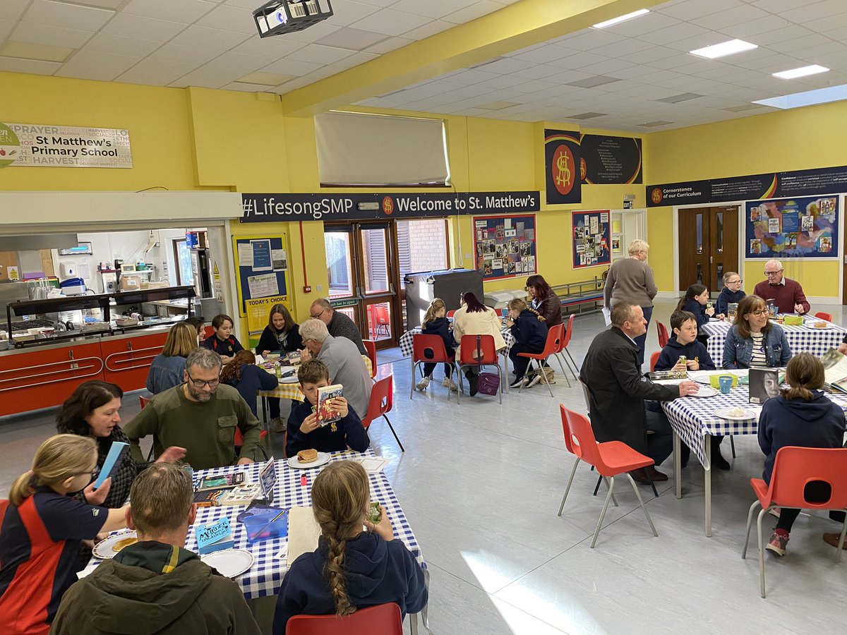 StMatthews1875's tweet photo. #ReadingForPleasure We enjoyed a fantastic #readingbreakfast this morning with our fabulous Year 6 and their families. We explored books by genre on different tables and took a note of ones we found most interesting. There was some great@ inter generational book talk! https://t.co/y3D9BcbXXU