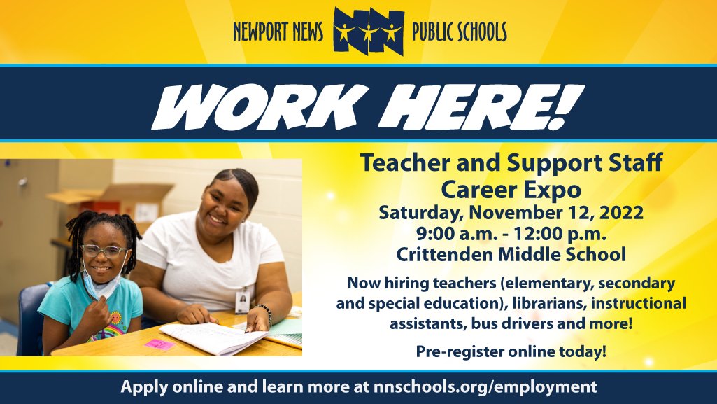 We're hiring! Join us Saturday, November 12, at Crittenden Middle School from 9 a.m. to 12 p.m. for our Teaching and Support Staff Career Expo. Pre-register online at bit.ly/NNPSCareerExpo