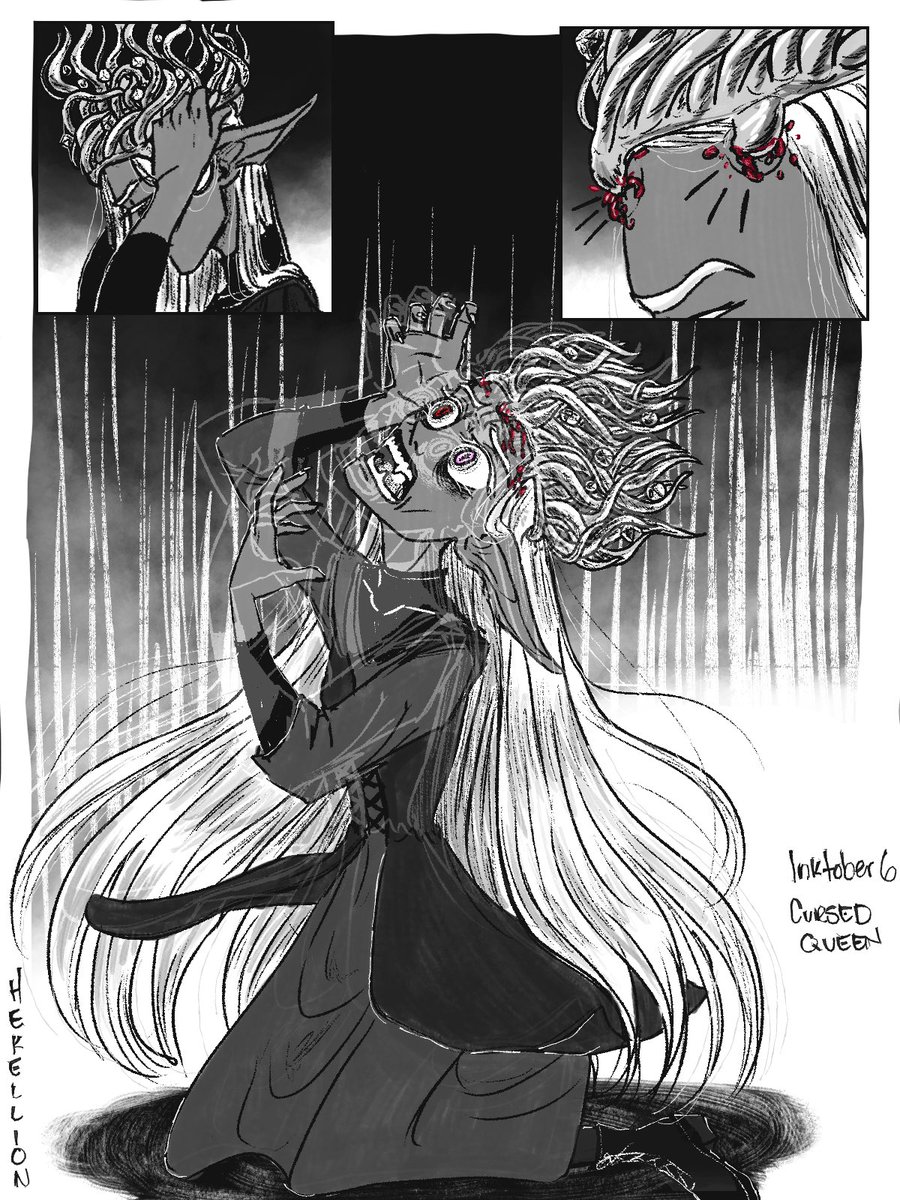 hekellion's tweet photo. god artblock hit so hard during this. dont talk to me about how behind i am. inktober 6 cursed queen #myinktober #dnd5e #drow #dndcharacter https://t.co/fKVpolOHxR