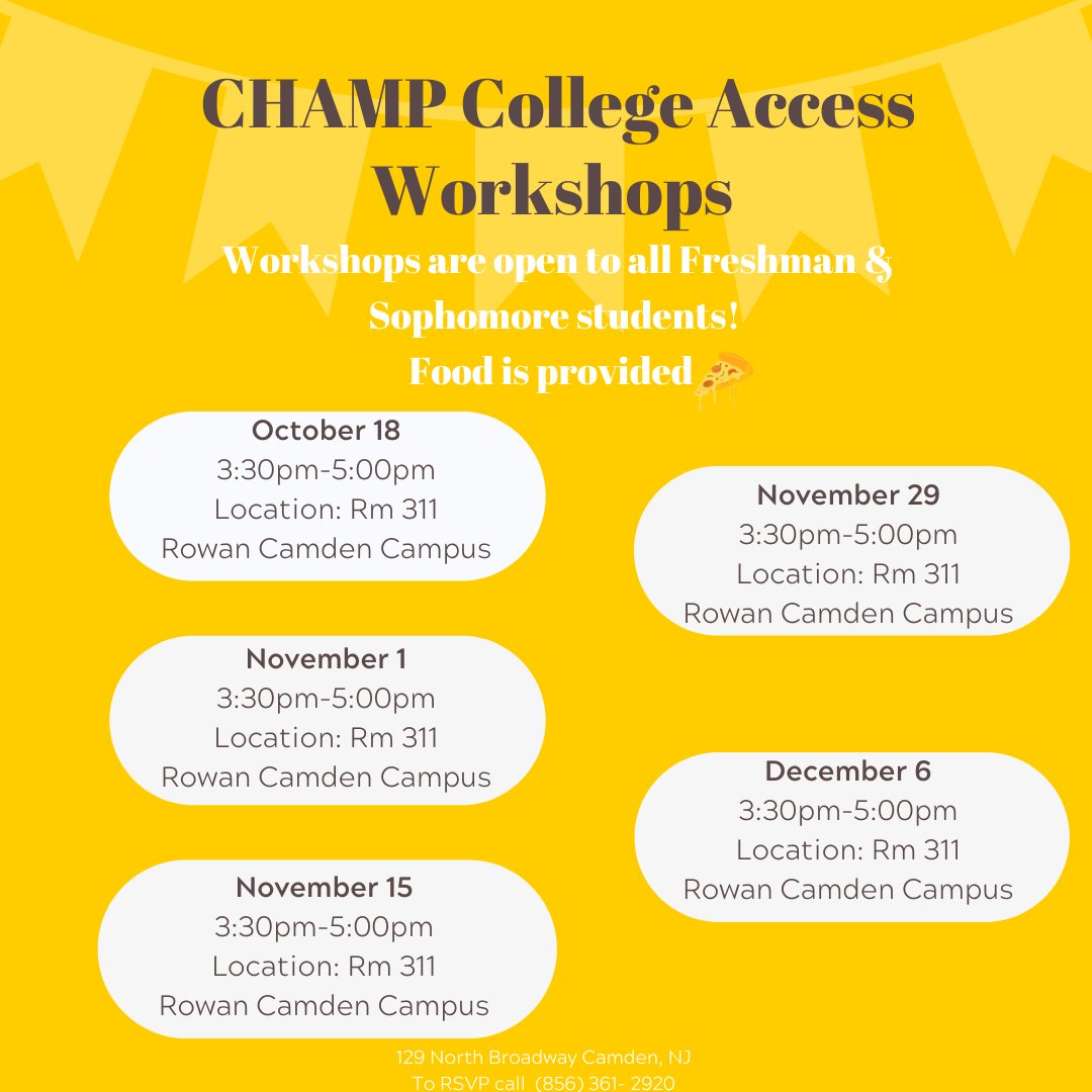 RowanCHAMP's tweet photo. 🎉ATTENTION FRESHMAN &amp; SOPHOMORES 🎉
Join us after school for workshops and free food 🥳 Workshops are open to all freshman &amp; sophomores even if you’re not a champ student. 
To RSVP call (856) 361-2920 or message us here! https://t.co/tDbH8eXSO7
