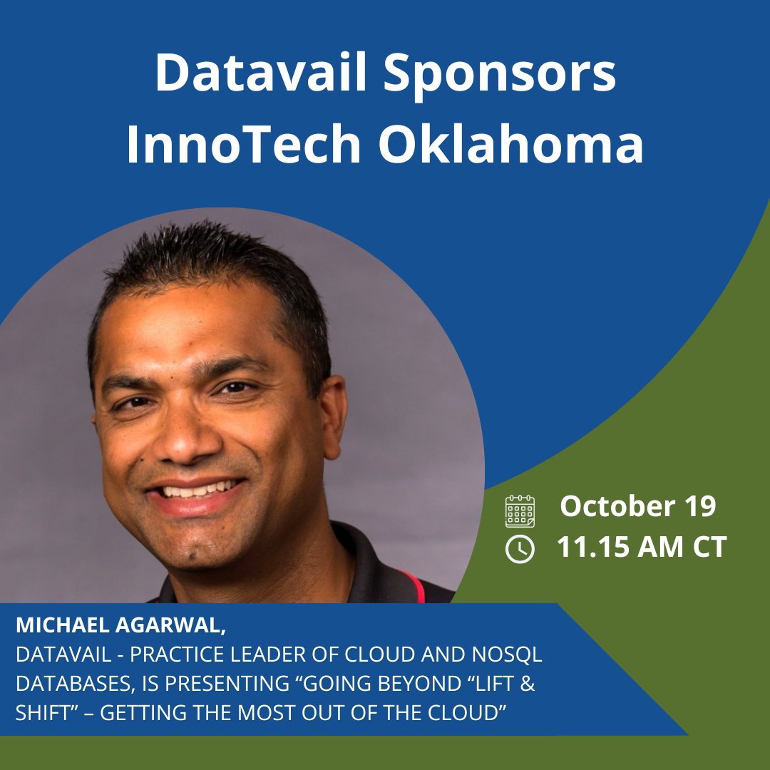 datavail's tweet photo. Michael Agarwal, Datavail’s Practice Leader of Cloud and NoSQL Databases, is presenting “Going Beyond “Lift and Shift” – Getting the Most Out of the Cloud” at #InnoTech Oklahoma on October 19 at 11.15 a.m. CT. #InnoTechOK #cloud #cloudevent #cloudadoption
https://t.co/a1f16JBMOe https://t.co/Dn5JhkLK0u