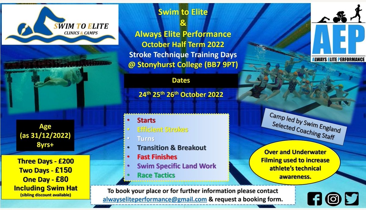 <a href="/AEPerformance3/">AEPerformance</a> along with Swim to Elite are running a Swimming Technique Camp this October Half Term <a href="/Stonyhurst/">Stonyhurst</a>. For more details email alwayseliteperformance@gmail.com or DM 'swim' #swimming #sport #fitness #triathlon #technique