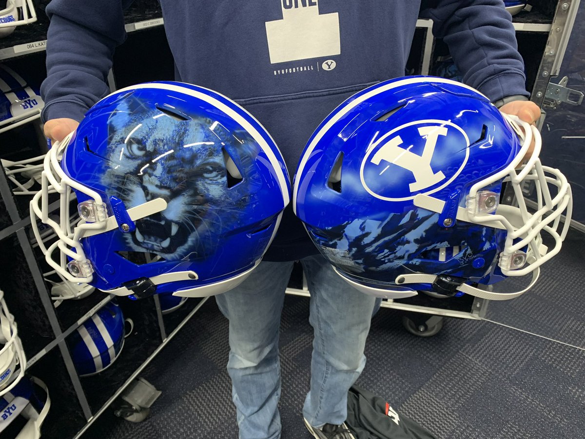 cthuey1's tweet photo. Here’s a pretty solid look at the helmets for @BYUfootball tomorrow… what’re your honest thoughts? https://t.co/4ryqqCunCB