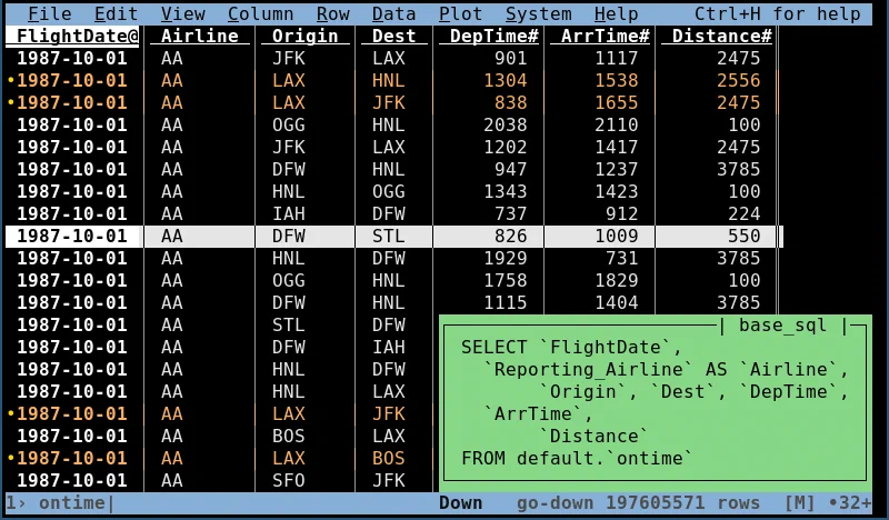 Screenshot of vdsql, a new fork of VisiData, illustrating a tabular view of airline flight data, with a new SQL sidebar, showing the SQL query used to generate the results shown.