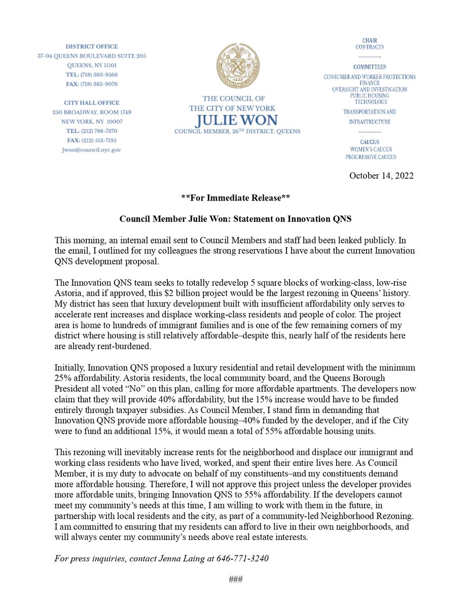 I am committed to ensuring that my residents can afford to live in their own neighborhoods, and will always center my community’s needs above real estate interests. 

See my full statement on Innovation QNS: