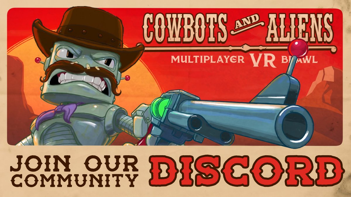 CowbotsAliens's tweet photo. Come hang out in our Discord saloon!

We have whiskey, beta tests, competitions and of course great company! 

Click here to join 👇
https://t.co/6t8fowPE8b  

#CowbotsAndAliens 
#ChickenWaffle #IndieGame #IndieDev #VR #VRgaming https://t.co/6FJ5R9XQzc