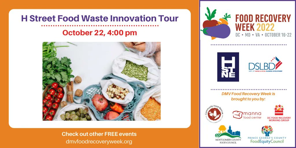 DCFoodRecovery's tweet photo. Join @HStreetDC @SmallBizDC on 10/22 for a delicious tour of a variety of H Street restaurants! Register at https://t.co/0sK1CiCE3s to visit four Food Waste Innovation Grantees on H Street @pursuitwinebar @stickyfingersdc Diner @GranvilleMoores @pieshopdc! 
#DMVFoodRecoveryWeek https://t.co/dAnhKffZN7