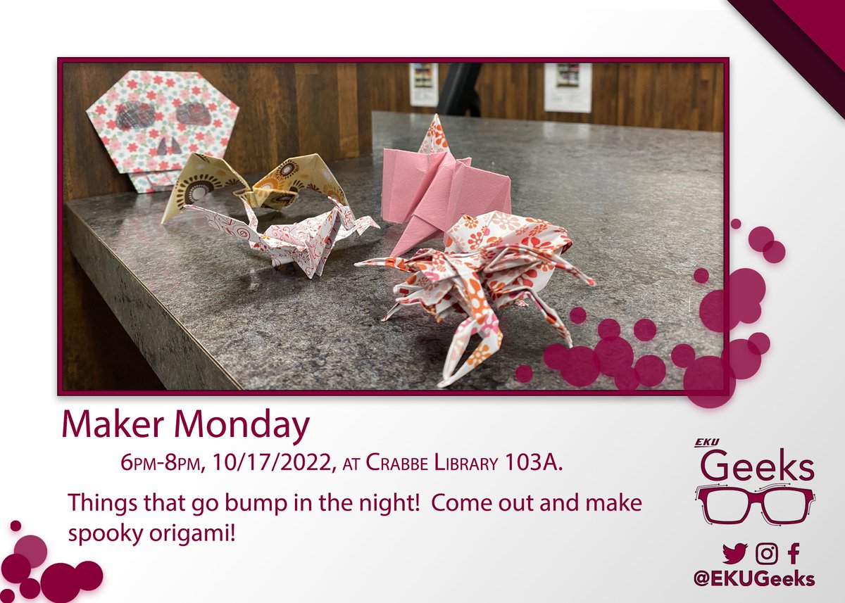 EKUGEEKS's tweet photo. We're hosting our very first Maker Monday in our Makerspace, Library 103A, this coming Monday from 6-8pm! Bring yourself and a friend and learn how to make origami bats, witch hats, spiders, and more!
#eku #ekugeeks #origami #halloween #makermonday https://t.co/WL0cq13Vyi