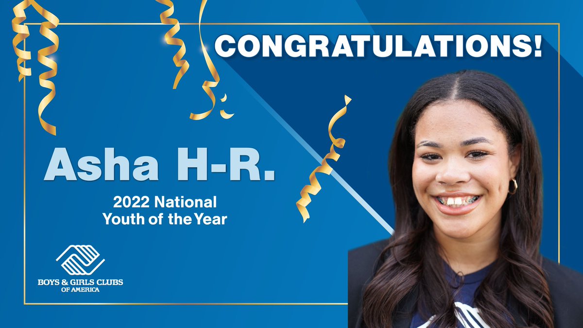 Join us in congratulating Asha H-R., our 2022-23 National Youth of the Year! 🎉 Asha will serve as an ambassador for Boys &amp; Girls Clubs youth as well as the voice for all of our nation’s young people. You inspire us, Asha! #yoy2022 #nyoy #GreatFutures