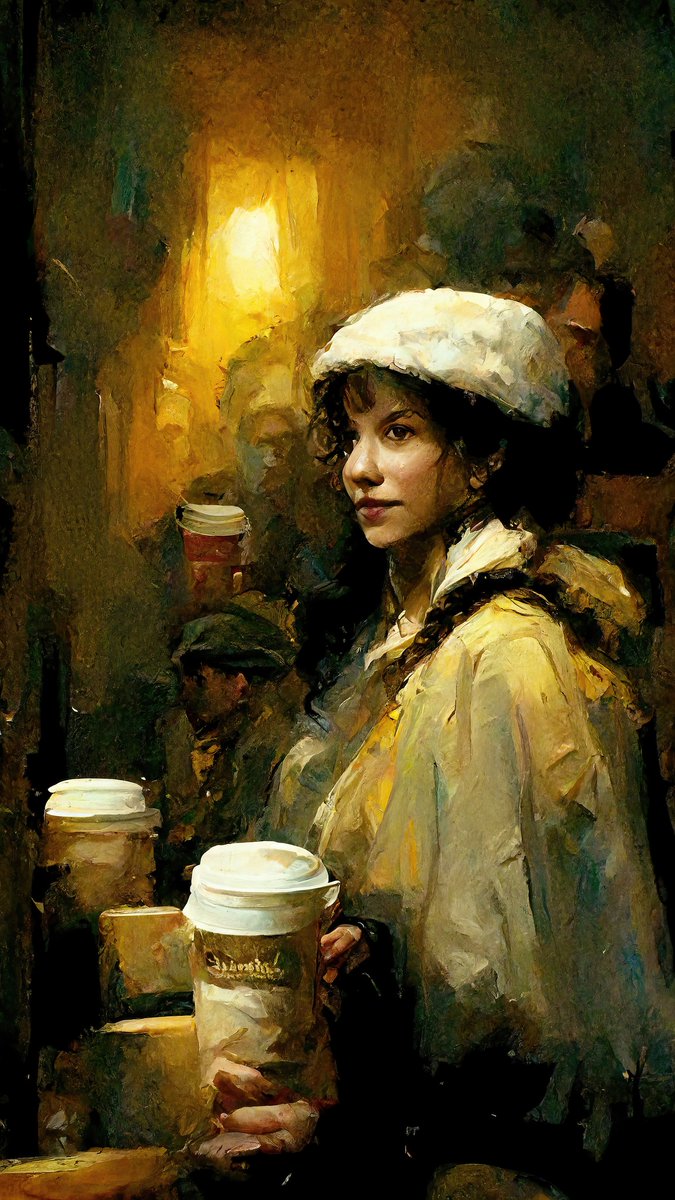 artaicademy's tweet photo. What if.. you where going to Starbucks and ordering a Caramel Frappuccino in the style of Rembrandt 🎨☕
#Starbucks #Rembrandt #ClairObscure #Midjourney #Midjourneyartwork #aiart #aiartcommunity https://t.co/G62IF1kiUU
