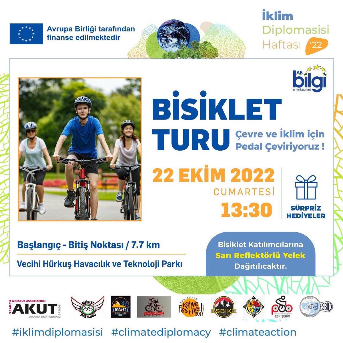 Çevremizi ve iklimimizi korumak için gelin hep birlikte pedal çevirelim! 💚🌎🚴🏻🚴🏻‍♀️

22 Ekim Cumartesi günü Eskişehir Ticaret Odası AB Bilgi Merkezi ile ortak düzenlediğimiz bisiklet turuna vatandaşlarımızı bekliyoruz.

#İklimdiplomasisi
#climatediplomacy
#climateaction