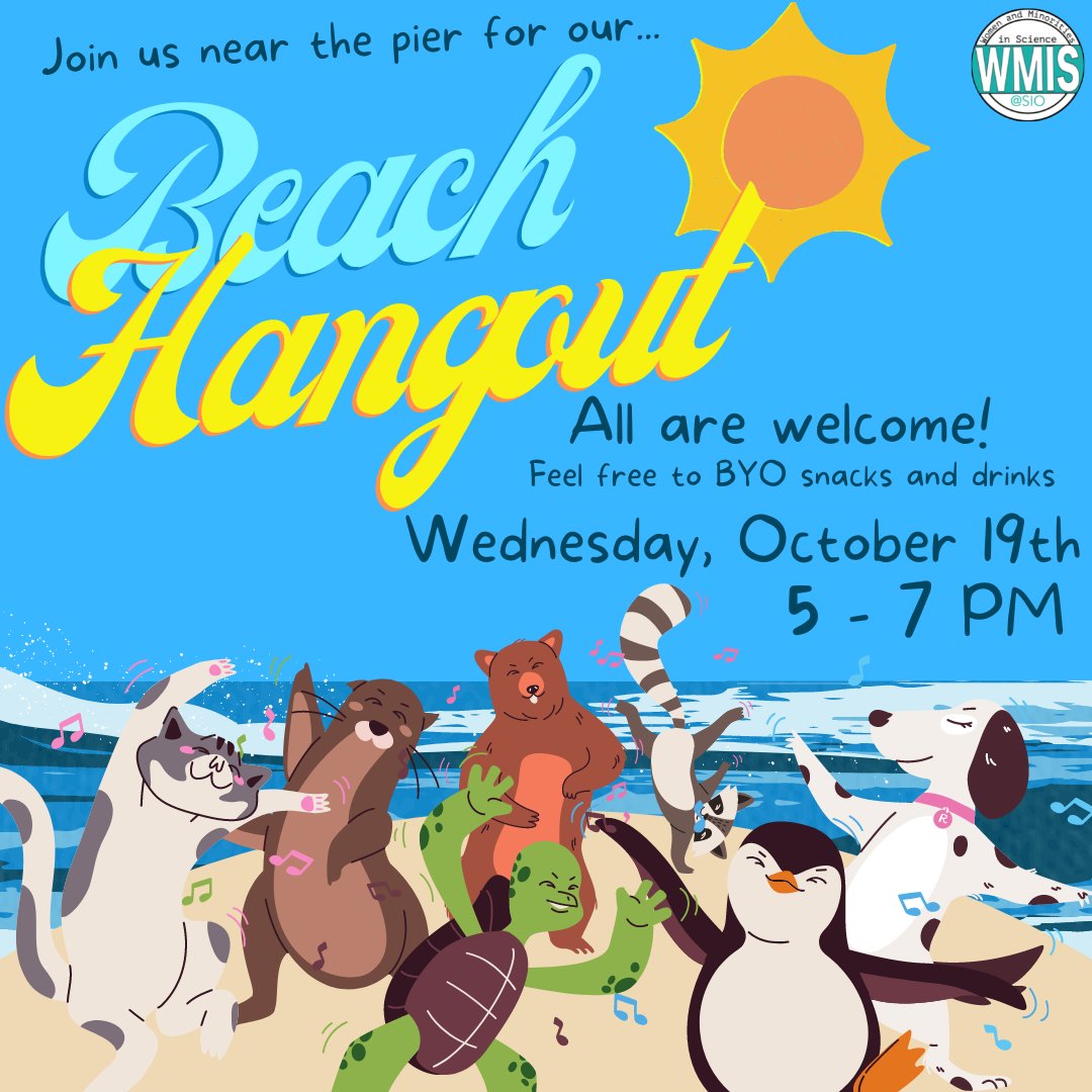 Women and Minorities in Science at SIO (@wmis_sio) on Twitter photo Ah, October... sweater weather🍂.... pumpkins🎃....
and... the perfect time to pretend it's still summer and head to the beach!!😁
Our beach hangout is Wed, Oct 19th @ 5 PM!👣🏖️
Bring snacks, drinks, and maybe a towel and join us near the #scrippspier for a relaxing evening!❤️ Ah, October... sweater weather🍂.... pumpkins🎃....
and... the perfect time to pretend it's still summer and head to the beach!!😁
Our beach hangout is Wed, Oct 19th @ 5 PM!👣🏖️
Bring snacks, drinks, and maybe a towel and join us near the #scrippspier for a relaxing evening!❤️