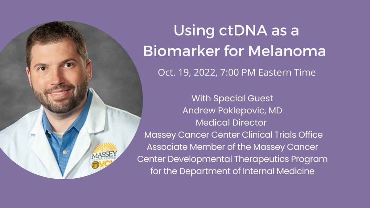AIMatMelanoma's tweet photo. Circulating tumor DNA (ctDNA) is an emerging biomarker in melanoma. Dr. Andrew S. Poklepovic shares more on these tests, including how they work, their current limitations, and the hope for their future.
REGISTER: https://t.co/DQms4zJaPD https://t.co/sO4Gx2qbT1