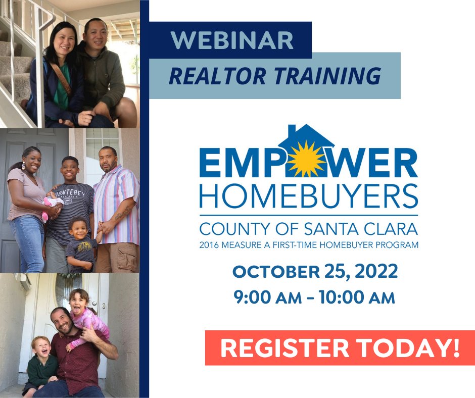 If you are a REALTOR® who would like to help first-time homebuyers purchase a home in the <a href="/SCCgov/">County of Santa Clara</a>  with down payment assistance, join Housing Trust’s First-time Homebuyer team for a 10/25 training about the Empower Homebuyers SCC program. Register today @ bit.ly/EmpowerRealtor….