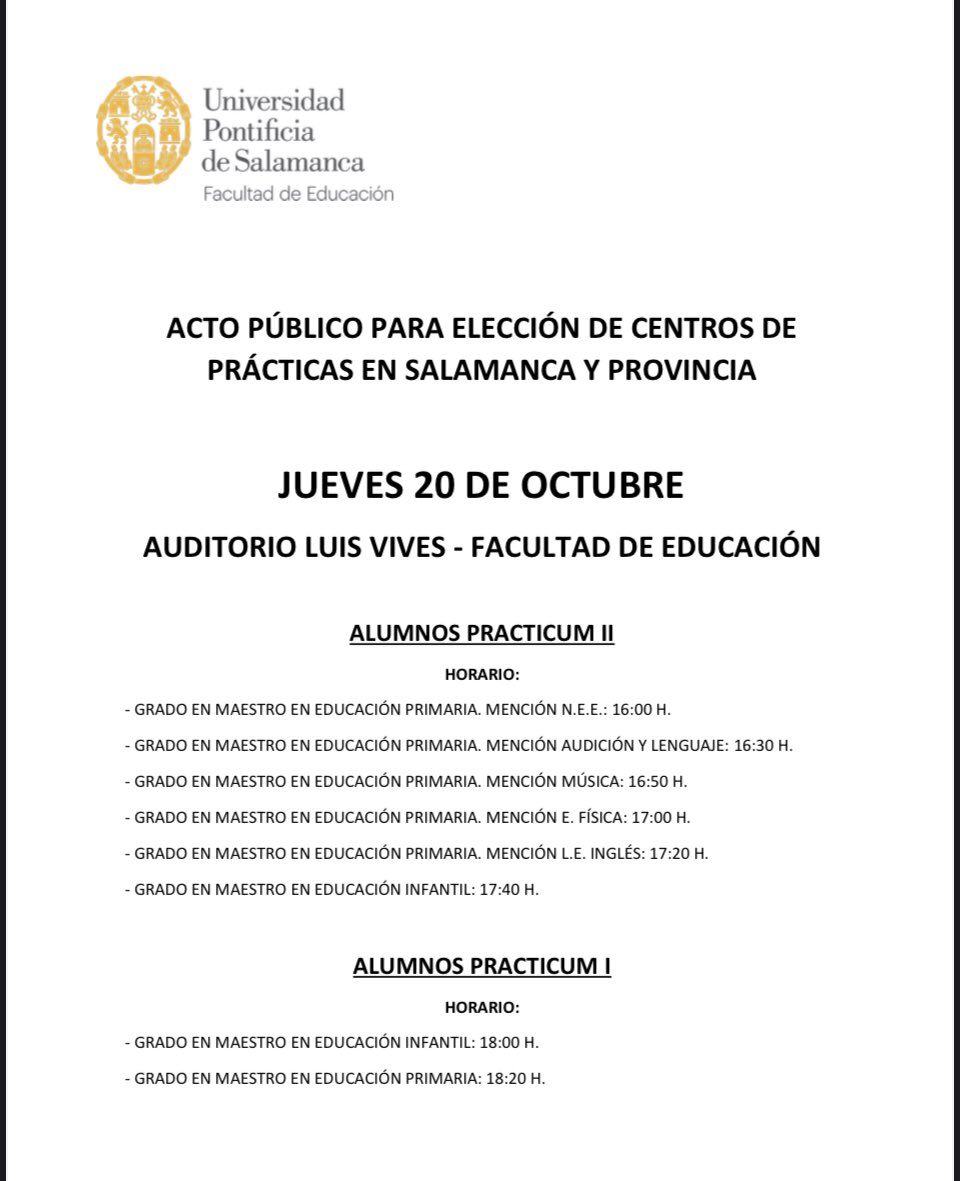 feducacionUPSA's tweet photo. 📣 ¡Atención! El próximo jueves 20 de octubre se celebra el acto público para la elección de centro de prácticas en Salamanca y provincia #PrácticasUPSA #EducaciónInfantil #EducaciónPrimaria #PracticumI #PracticumII https://t.co/xMO7PP9zIk