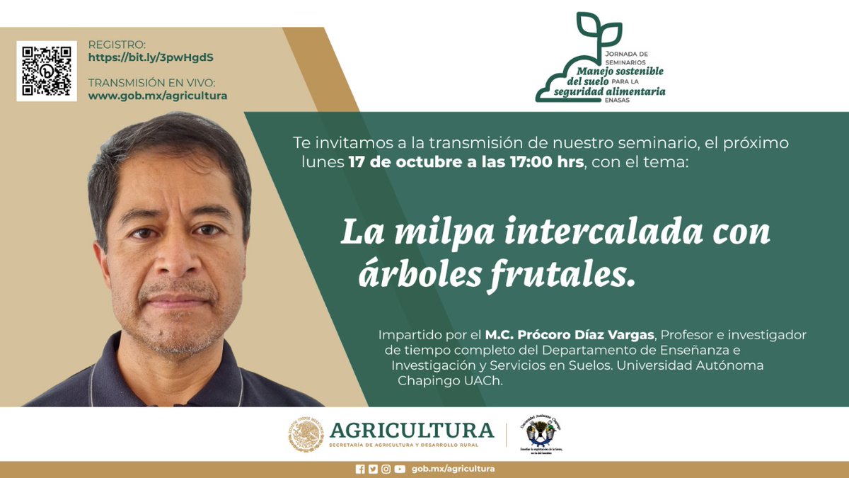 Agricultura_mex's tweet photo. No te pierdas hoy el 9° evento de la jornada de seminarios Manejo sostenible del suelo para la seguridad alimentaria, que forma parte de la #ENASAS, con el tema “La milpa intercalada con árboles frutales".
🗓️17 de octubre
⏰17:00 hrs.
Registro: https://t.co/str0kLDfpn https://t.co/tlGVzCyAHT