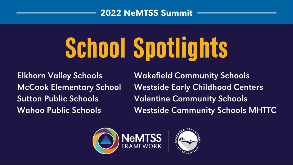 NeMTSS's tweet photo. Special thanks to our #NeMTSS22 School Spotlight presenters for sharing their experiences and inspiring others today!

• @EVFalcons
• McCook Elementary School
• Sutton Public Schools
• @wahoopublic
• Wakefield Community Schools
• @weccomaha
• @VCSBadger
• @Westside66 https://t.co/3nYup3ZbeJ