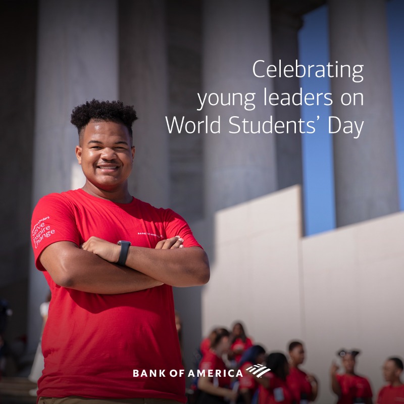 BankofAmerica's tweet photo. For #WorldStudentsDay, we’d like to acknowledge all our dedicated and hardworking Bank of America Student Leaders®. Your drive and commitment are inspiring to us all. Learn more about the #BofAStudentLeaders program.