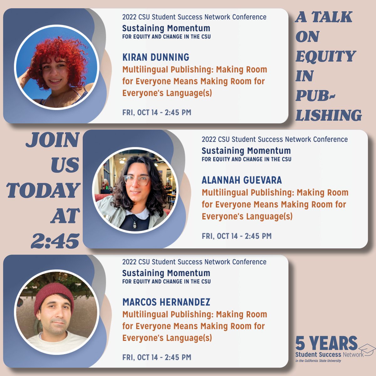 ToyonHSU's tweet image. Join us today at 2:45 for our 2022 CSU Student Success Network Conference session on multilingual publishing. 

Register here: web.cvent.com/event/2fa5fa05…

#CSUConference #CSUNetwork #CSUStudentSuccess #MiddleLeaders #CalPolyHumboldt #Toyon