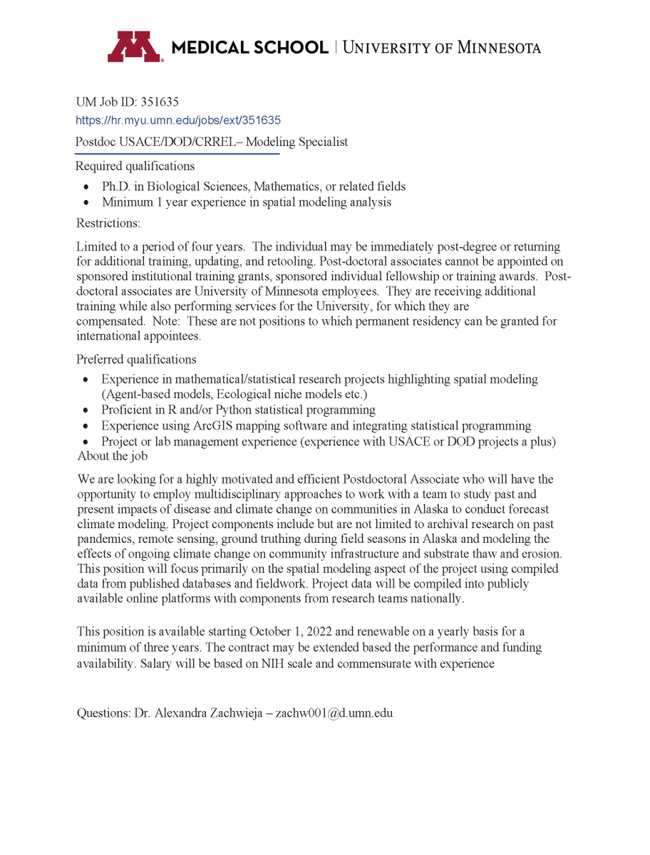 aj_zach's tweet photo. Looking for a Postdoctoral Associate specializing in statistical predictive modeling! Open to multiple fields - we'll be using agent based models to forecast climate change scenarios in coastal Alaska. $ NIH min Fieldwork included! 
https://t.co/EHT2PI9oRD https://t.co/SUXeVRJqGR