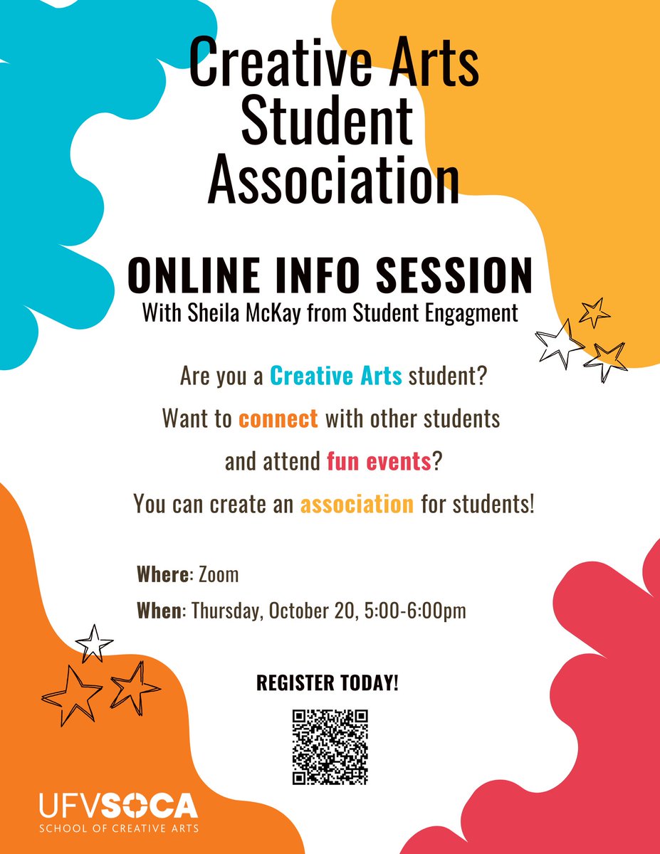 Want to be more involved? Looking for more social opportunities?⁠ Want to organize fun events for fellow students?⁠
⁠Join us for an Info Session for the Creative Arts Student Association to learn more!⁠
⁠
October 20, 2022⁠
17:00-18:00⁠
Via Zoom⁠
⁠
eventbrite.ca/e/info-session…