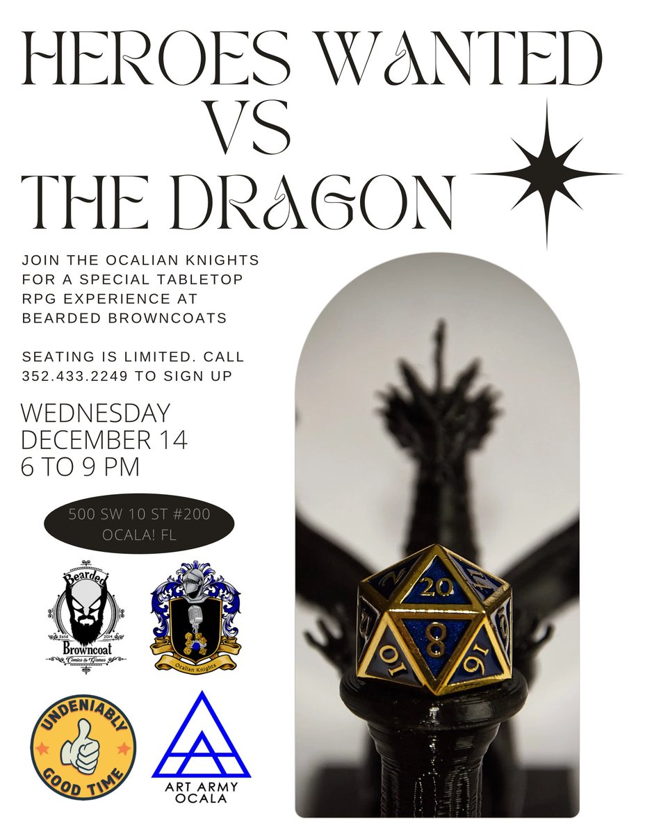 OcalianKnights's tweet photo. So another event announcement! We'll be at Bearded Browncoat on Wednesday December 14 from 6 to 9 pm to take on the Dragon of Mt Dora!
More details in the weeks to come but call 352.433.2249 to save your spot!
#dnd #dungeonsanddragons #ocala #ttrpg #rpg #locala #pathfinder https://t.co/4pAGDiWQzL