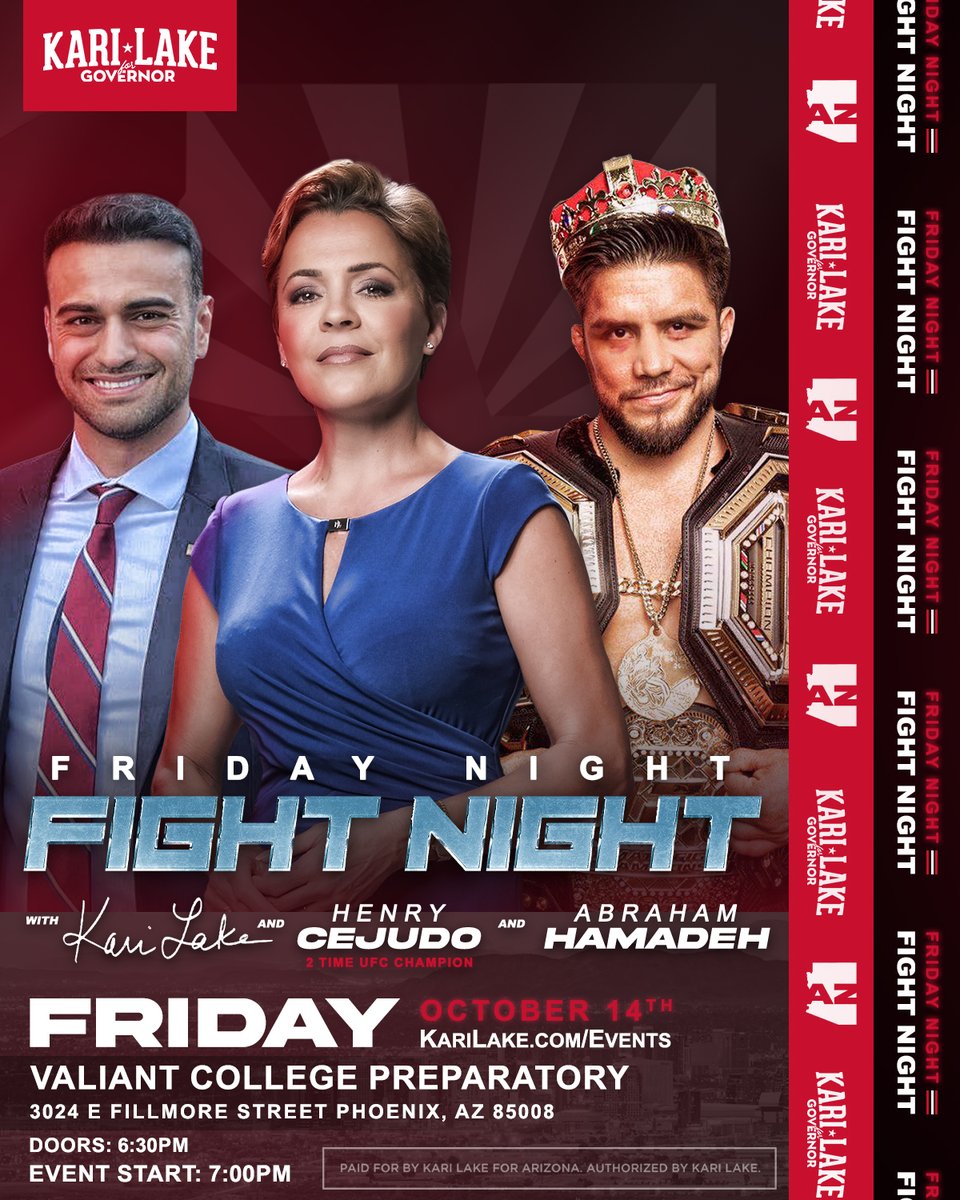 Tonight!

Join me, <a href="/AbrahamHamadeh/">Abe Hamadeh</a>, and <a href="/HenryCejudo/">Henry Cejudo</a> for Friday Night Fight Night!

Doors open at 6:30 at Valiant College Preparatory. 

RSVP at KariLake.com/events