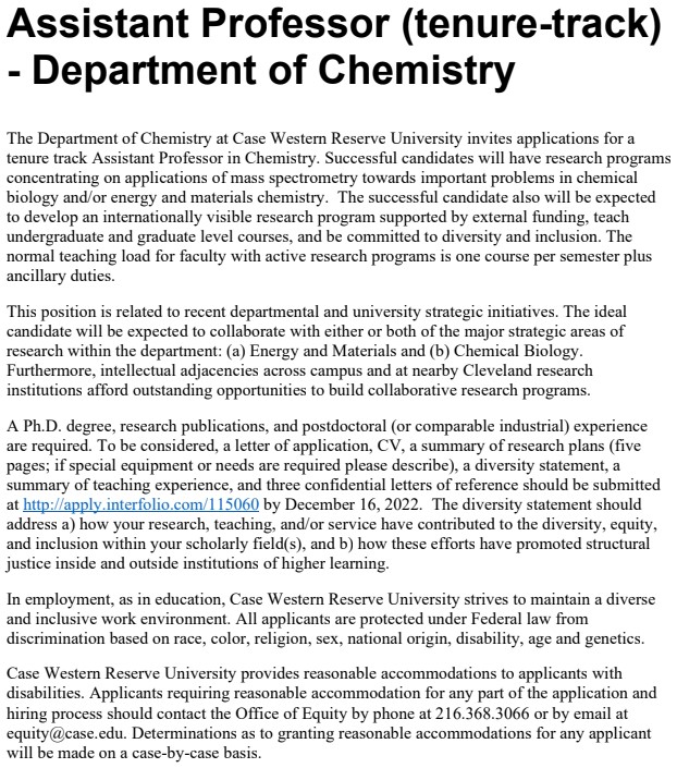 Lydia Kisley (@lydia_kisley) on Twitter photo .<a href="/CWRUchemistry/">CWRU Chemistry</a> is hiring! Please check out our opportunity for a tenure track Assistant Professor in Chemistry specializing in mass spectrometry! #MassSpec #FacultyChemJobs #ChemJobs <a href="/asmsnews/">Am Soc for Mass Spec</a> <a href="/J_ASMS/">J. of the American Society for Mass Spectrometry</a> <a href="/FemalesInMS/">Females in Mass Spectrometry (FeMS)</a>
<a href="/massspecpro/">Mass Spec Pro</a>
apply.interfolio.com/115060 .<a href="/CWRUchemistry/">CWRU Chemistry</a> is hiring! Please check out our opportunity for a tenure track Assistant Professor in Chemistry specializing in mass spectrometry! #MassSpec #FacultyChemJobs #ChemJobs <a href="/asmsnews/">Am Soc for Mass Spec</a> <a href="/J_ASMS/">J. of the American Society for Mass Spectrometry</a> <a href="/FemalesInMS/">Females in Mass Spectrometry (FeMS)</a>
<a href="/massspecpro/">Mass Spec Pro</a>
apply.interfolio.com/115060