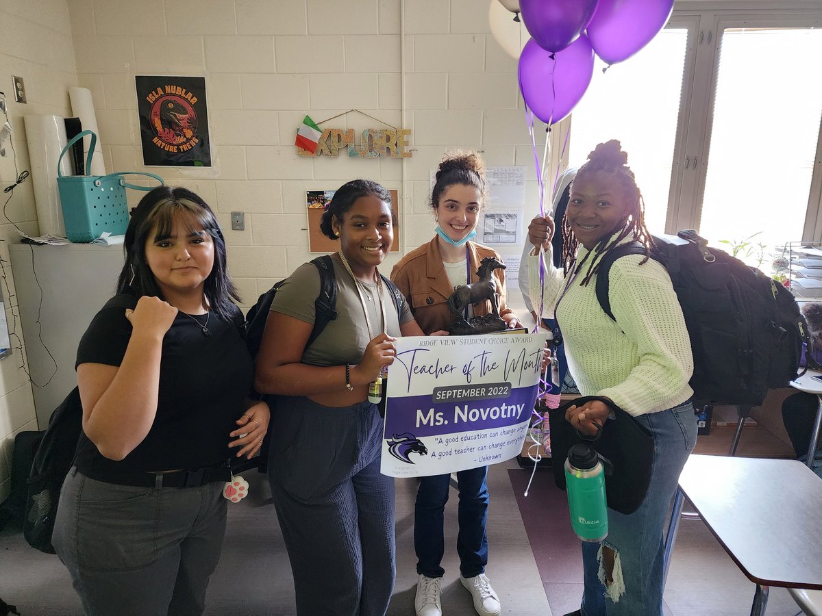 RidgeView_StuCo's tweet photo. Each month, @rvhs students get the chance to nominate their favorite teacher to be recognized as the Teacher of the Month!! Congratulations to Ms. Novotny for being selected for September!! 🎉💜🥳 https://t.co/Z8DfU6F2B9