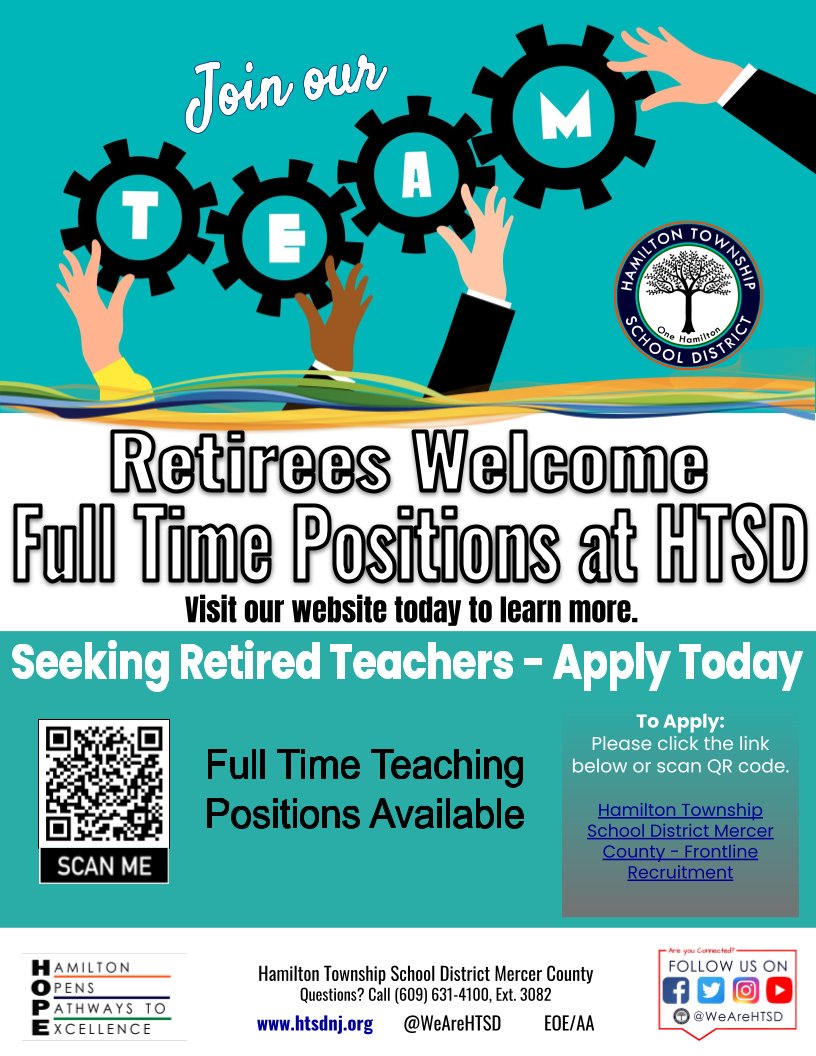 📣 HTSD is Hiring! 🚨 Are you a retired educator? Join our Team! ▪️ Math T & Long Term Sub ▪️ Music T, K-5 ▪️ Ed. Asst's Sp. Ed. ▪️ Sp. Ed. T's Link to apply ➡️ tinyurl.com/2p8fma9j #HTSD #HTSDPride @ScottRRocco @HTSD_HR @HTSDSecondary @LauraGeltch @HTSDSecondary