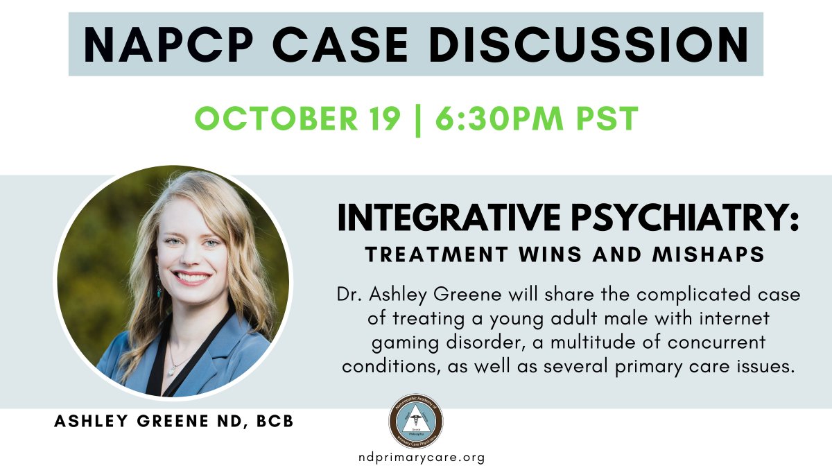 ndprimarycare's tweet photo. Our next Case Discussion is Wednesday, October 19th with Ashley Greene ND, BCB.

She'll share the case of a young adult male with internet gaming disorder as well as several primary care issues. 

This members-only event is at 6:30PM and will be streamed! #medtwitter #psychiatry https://t.co/9K1uk4fmkE