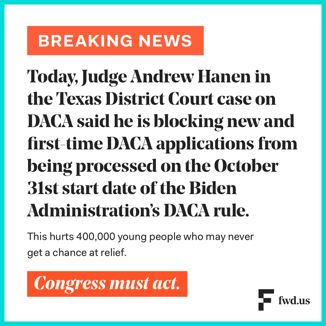 FWDus's tweet photo. BREAKING: Judge Hanen, in another deeply disappointing court hearing, advanced the formal process that we know will almost certainly lead to the catastrophe that is the end of the #DACA program. Today, 400,000 prospective recipients were blocked from applying. https://t.co/qAzMvbLVdN