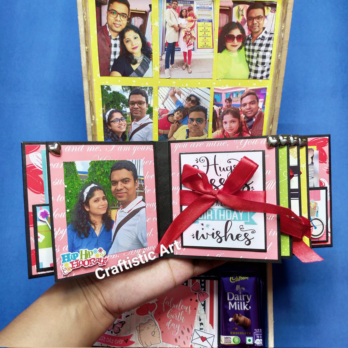 craftisticart's tweet image. Best Birthday Gift For Husband. Holds 60 photo's includes Mini Scrapbook, Pop up cube in a box, Chocolate, Match Box, Message frills, Envelope Card, light. Box size- 8"×8". Customization available. Order before 30 days. Video Link: youtu.be/RvN9CZXlfmI#Cr… #mdfbox #hamperbox #gift
