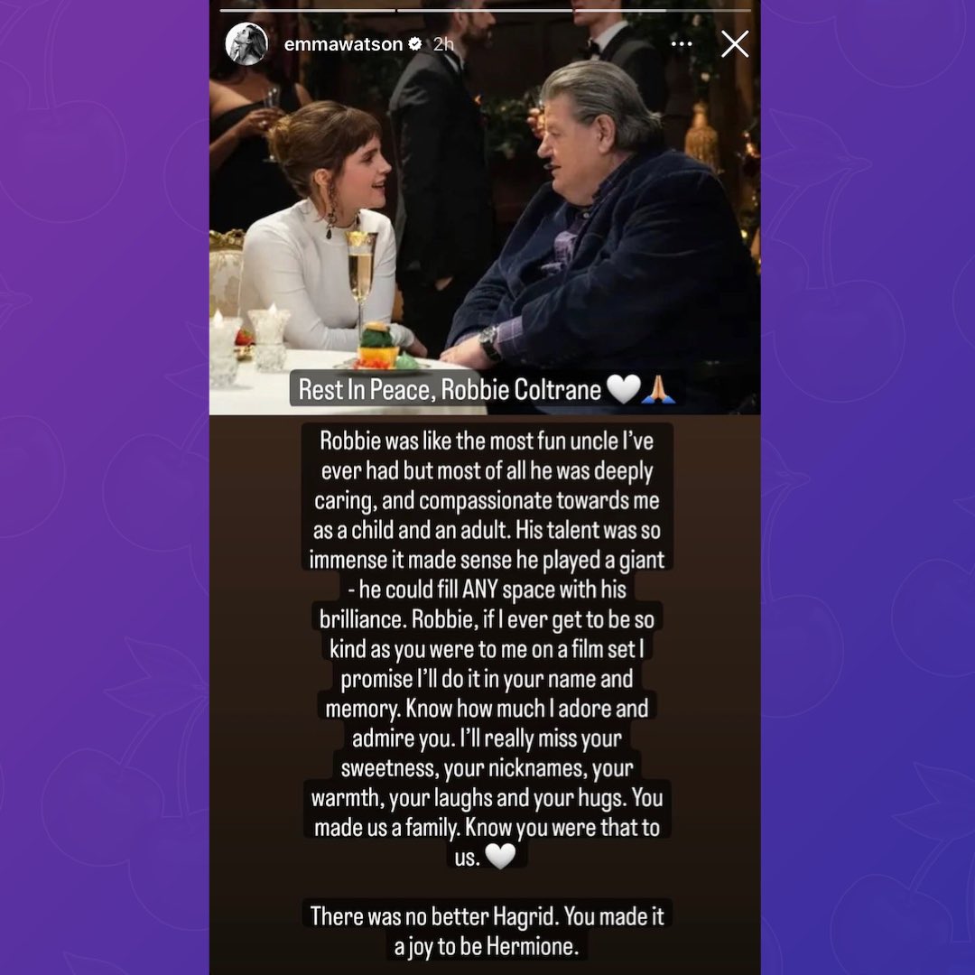 PopBase's tweet photo. Emma Watson pays tribute to Robbie Coltrane:

“There was no better Hagrid. You made it a joy to be Hermione.” https://t.co/WR5BpCWRql