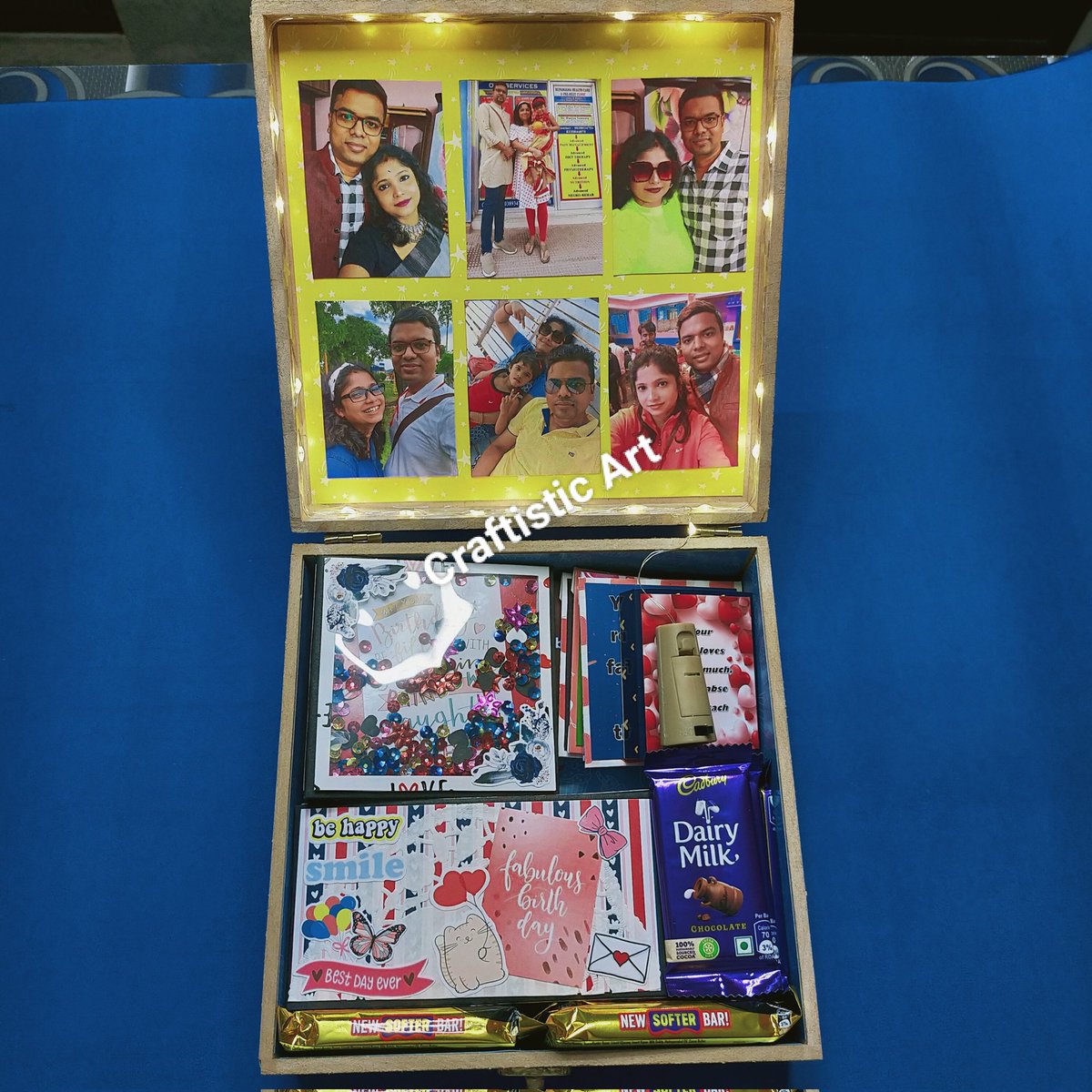 craftisticart's tweet image. Best Birthday Gift For Husband. Holds 60 photo's includes Mini Scrapbook, Pop up cube in a box, Chocolate, Match Box, Message frills, Envelope Card, light. Box size- 8"×8". Customization available. Order before 30 days. Video Link: youtu.be/RvN9CZXlfmI#Cr… #mdfbox #hamperbox #gift