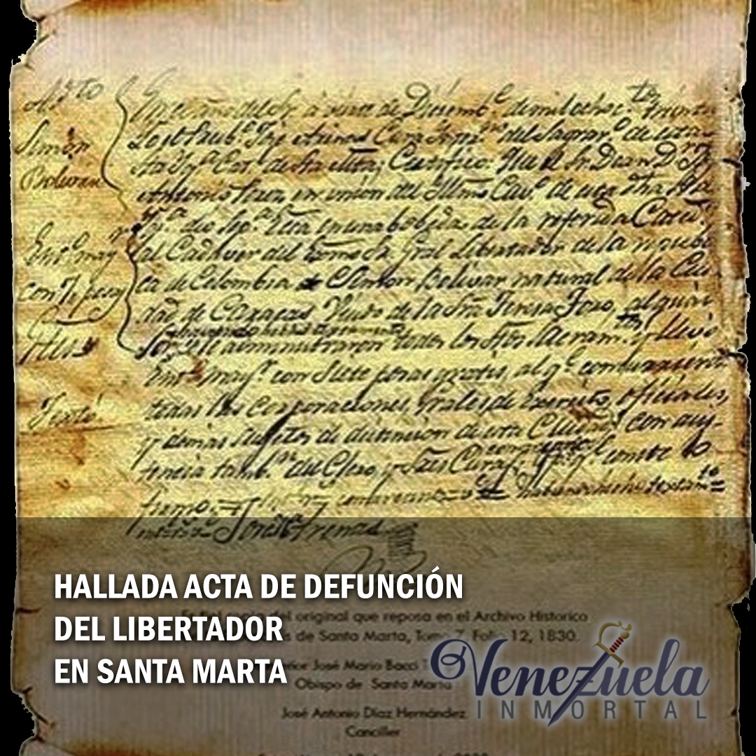 #Noticias☑️ | Tras 190 años desparecida, el investigador William Hernandez halló el acta de defunción de Simón Bolívar, dentro de una caja de seguridad incrustada en la pared de la Sacristía de la Catedral de la Diócesis de Santa Marta, Colombia.

Será enviada a Caracas.