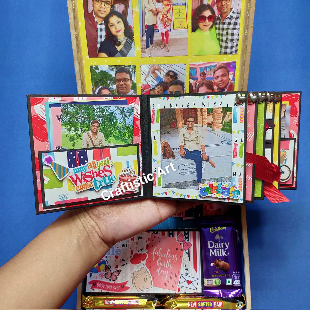 craftisticart's tweet image. Best Birthday Gift For Husband. Holds 60 photo's includes Mini Scrapbook, Pop up cube in a box, Chocolate, Match Box, Message frills, Envelope Card, light. Box size- 8"×8". Customization available. Order before 30 days. Video Link: youtu.be/RvN9CZXlfmI#Cr… #mdfbox #hamperbox #gift