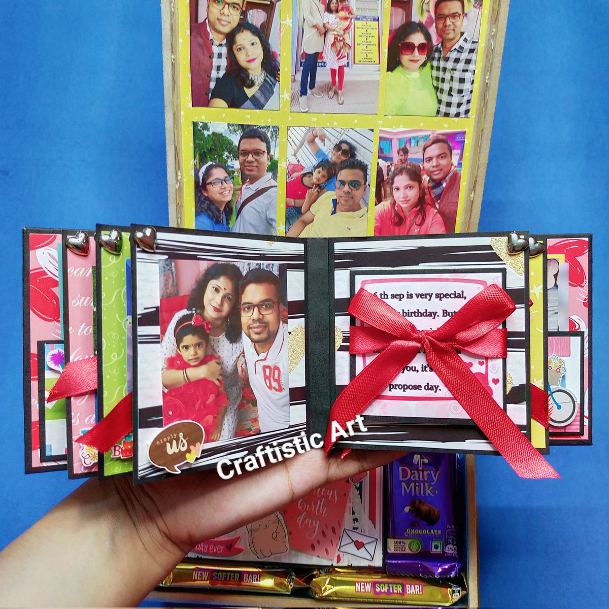 craftisticart's tweet image. Best Birthday Gift For Husband. Holds 60 photo's includes Mini Scrapbook, Pop up cube in a box, Chocolate, Match Box, Message frills, Envelope Card, light. Box size- 8"×8". Customization available. Order before 30 days. Video Link: youtu.be/RvN9CZXlfmI#Cr… #mdfbox #hamperbox #gift