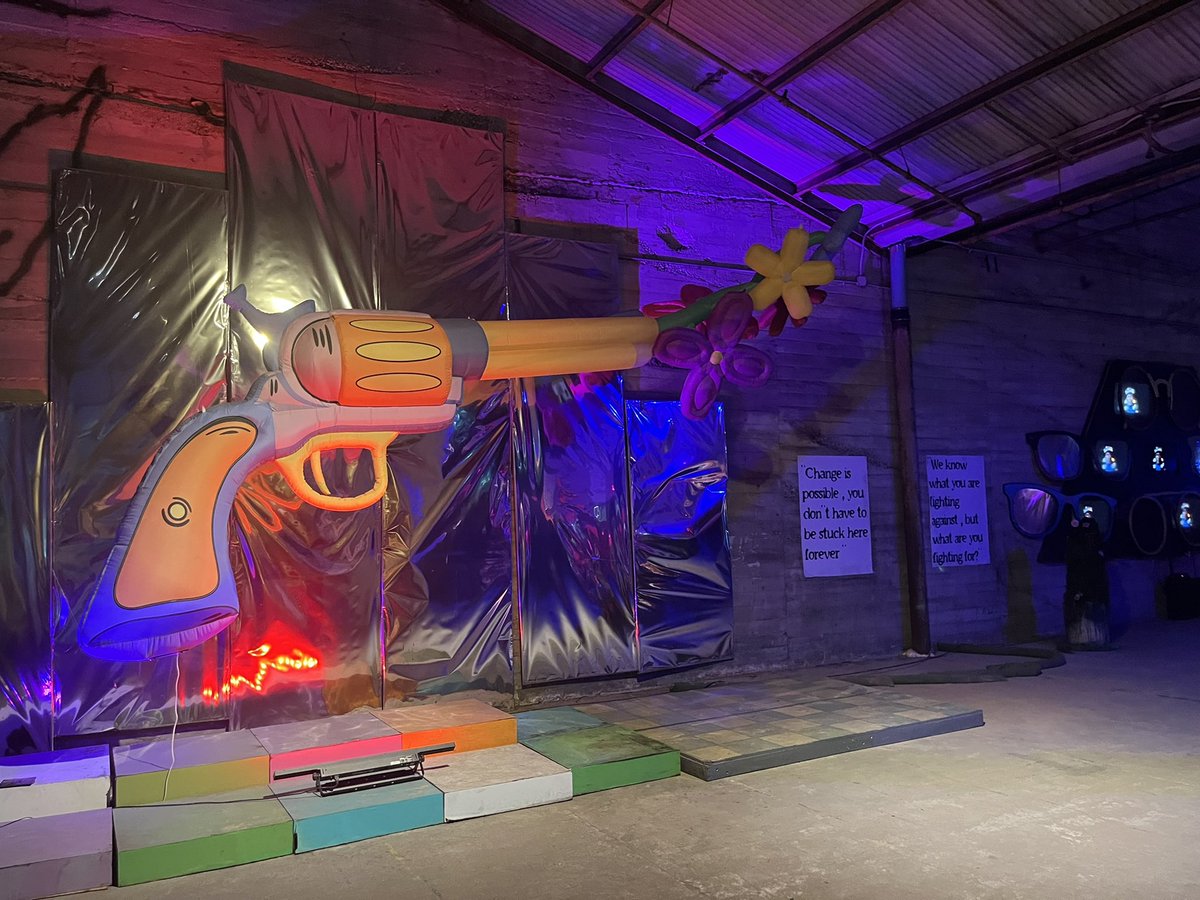 ACDtweets's tweet photo. Radical Freedom Dream Room, an exhibit that asks youth, "what kind of world do you want to grow up into?" 

What IF guns shot flowers 💐 instead of bullets? What if we could turn police presence #upsidedown to create actual safe spaces like therapists' offices? @studio_BE_ #ACD45 https://t.co/rWLii7NQeF