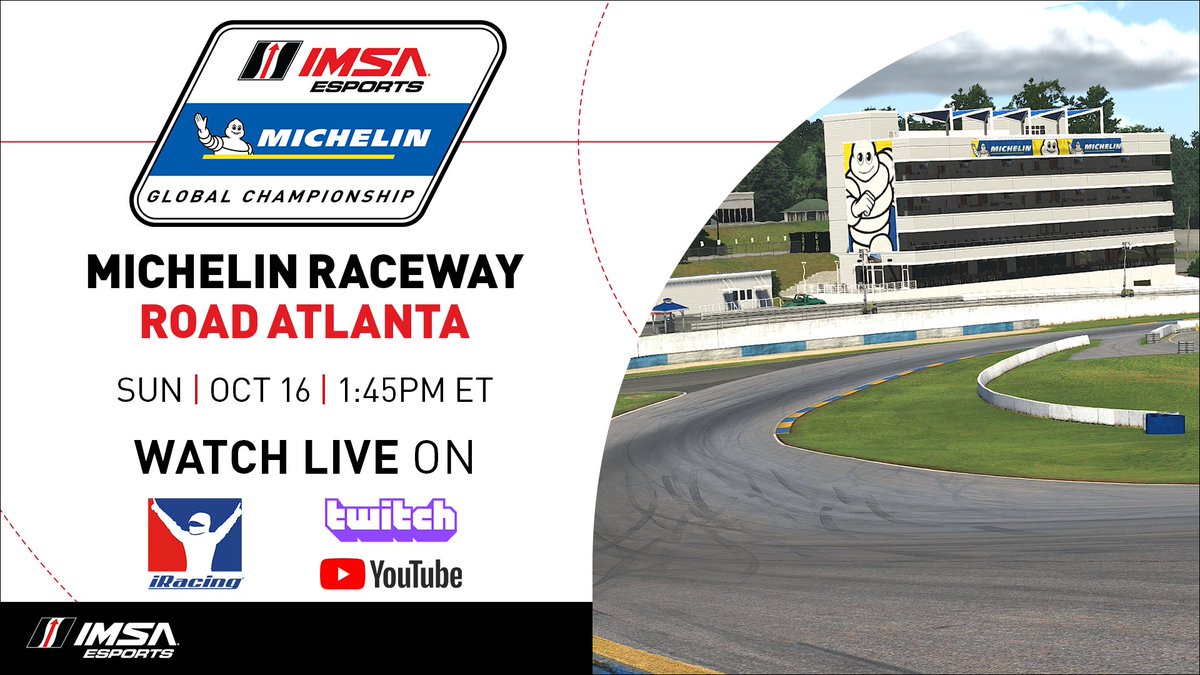 IMSA's tweet photo. The IMSA Esports Michelin Global Championship kicks off this Sunday, October 16 at 1:45PM E.T.

Watch LIVE on @vcoesports  and @iRacing. 

#IMSA | @MichelinRaceUSA | @RoadAtlanta https://t.co/ThQuRiTpyC