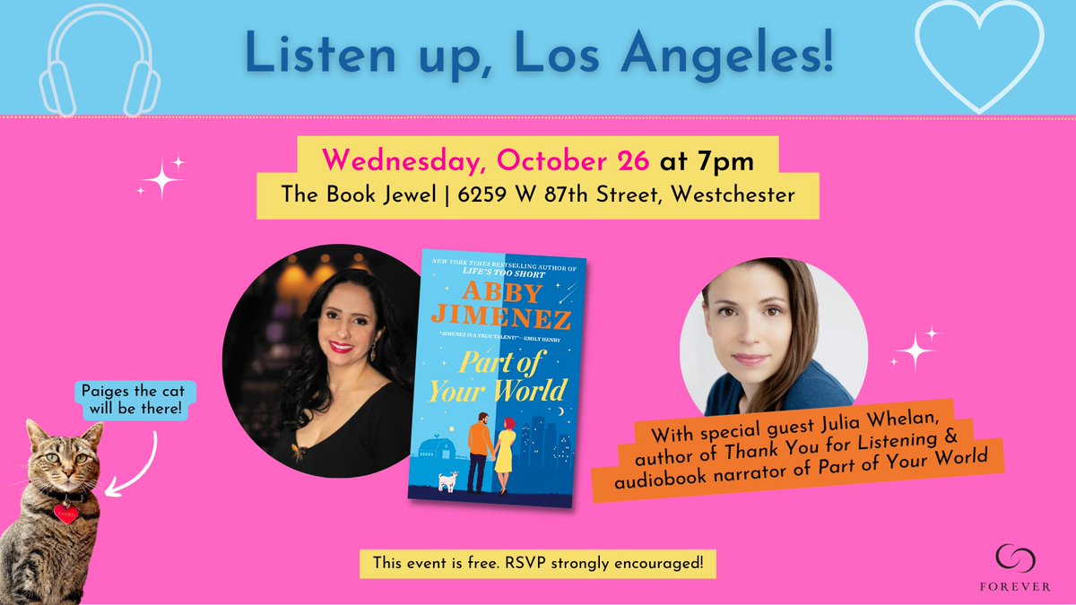 Where are our romance audiobook fans in LA? Join @AuthorAbbyJim and narrator @justjuliawhelan (of the Julia Whelan and Zachary Webber narrator duo for PART OF YOUR WORLD) will be live🎙️at @book_jewel! RSVP here: facebook.com/events/7741858…