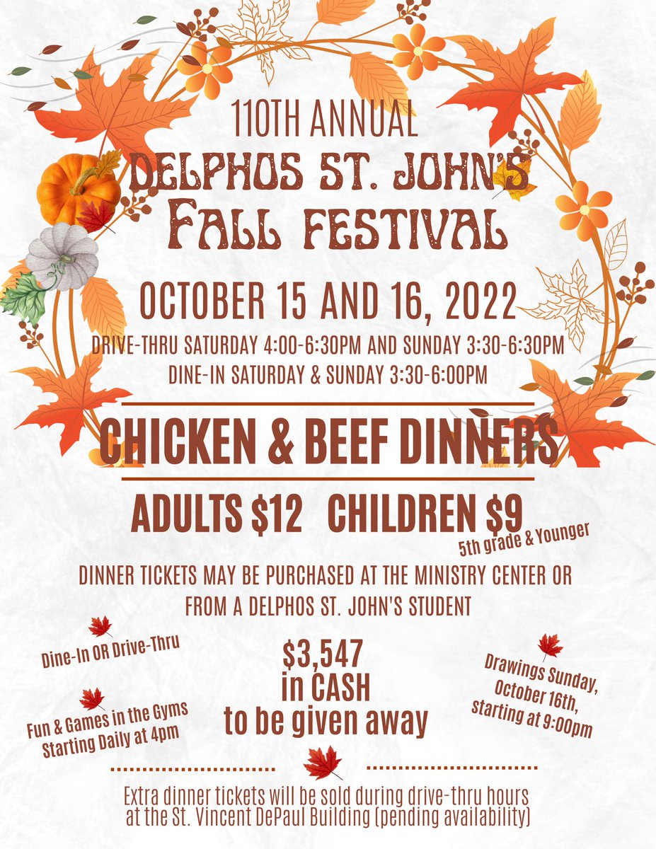 The 2022 Fall Festival has arrived. Come join all that we have to offer. The BEST homemade dinners you could eat, GREAT Games of chance, and prizes to WIN.  October 15, 2022 meals begin at 4:00pm ending at 6:30pm. October 16, 2022 Dinners Begin at 3:30pm will end at 6:00.