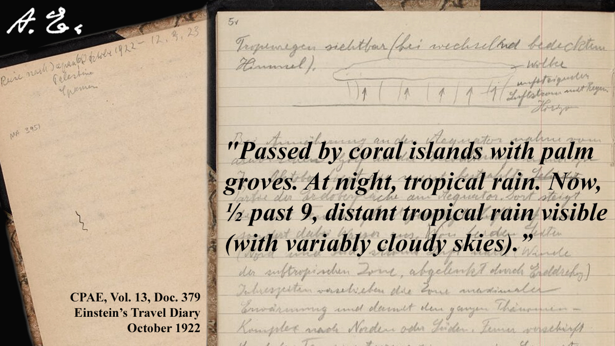 October 1922: Einstein embarked to Japan, Palestine and Spain. He sketched and jotted notes in his travel diary, in the pic below he illustrated equatorial cloud formation.

Access the entry and the rest of the diary via this link:

einsteinpapers.press.princeton.edu/vol13-trans/33… 

#OTM2022