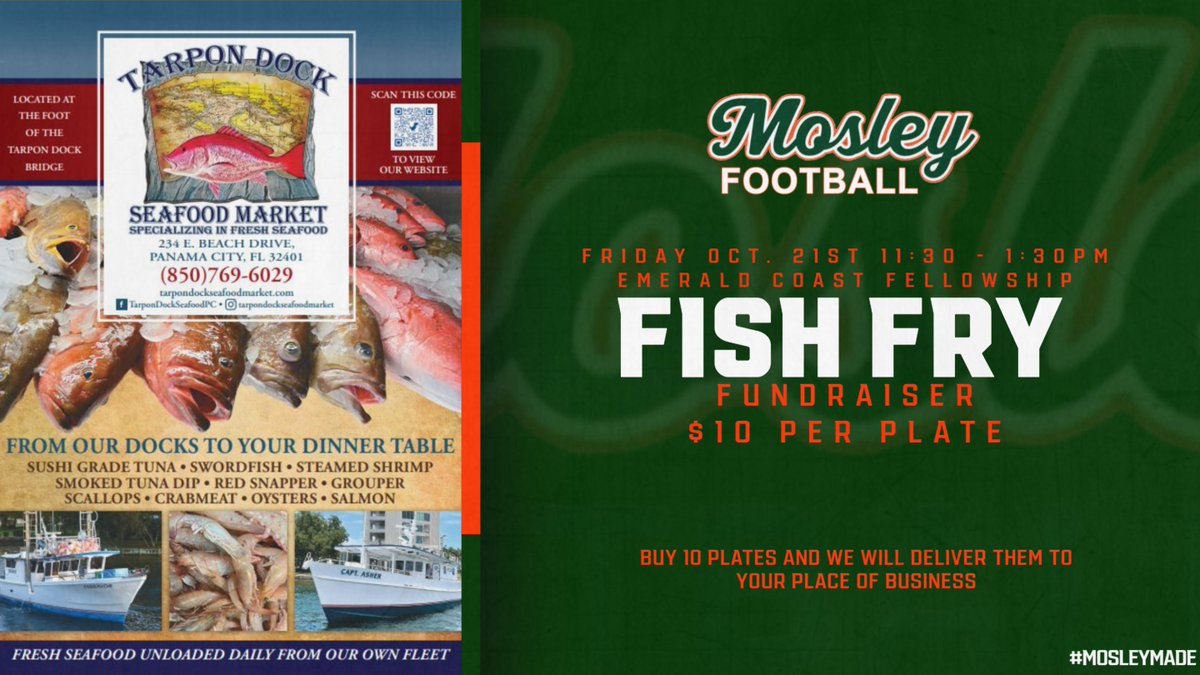 Mosley Football is doing a FISH FRY fundraiser, with seafood provided by <a href="/DockMarket/">Tarpon Dock Seafood Market</a>. Be on the lookout for a Mosley Football player for a ticket. Don't miss out!!!
#MosleyMade